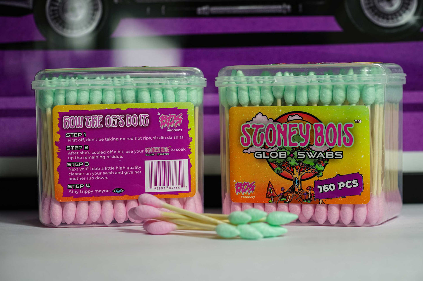 Stoney Bois™ - Glob Swabs (Single Box)- Sustainable Bamboo, Organic Cotton Swabs with One Pointed Green Side & One Pink Round Side- Qtip for glass/quartz cleaning